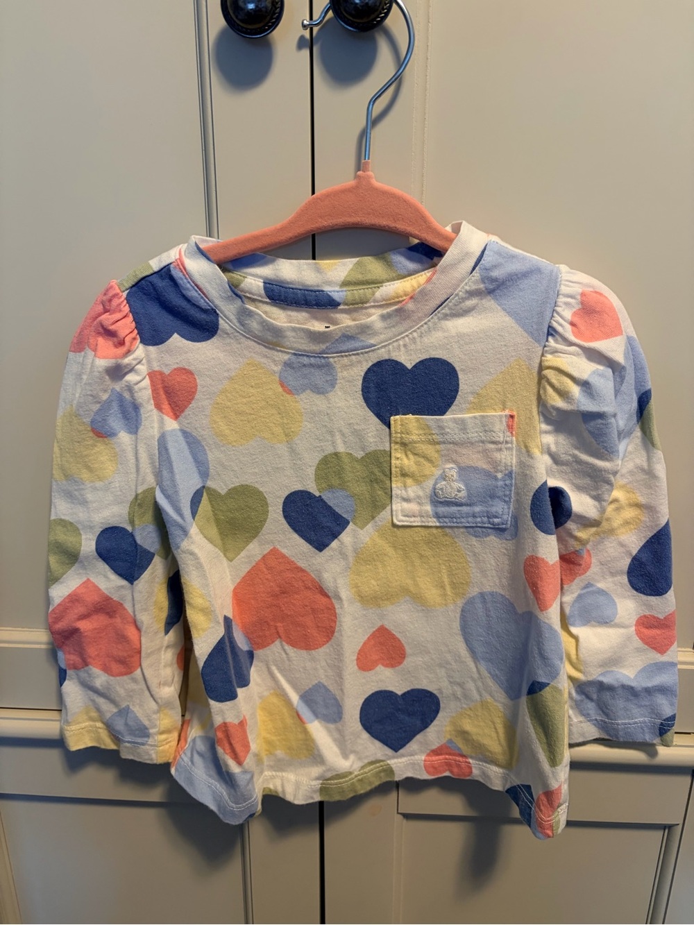 GAP Multicolor Heart Print Long Sleeve Top - White, Blue, Pink, Yellow, Green